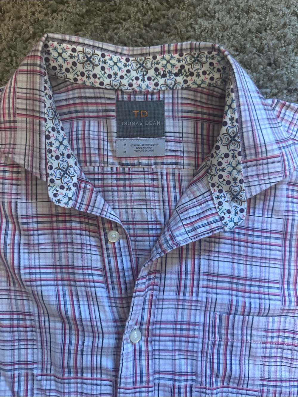 Thomas Dean Pima Cotton Plaid Short Sleeve Button Up Shirt Mens M